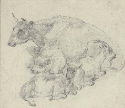 Study of a cow, her calf and two goats 
