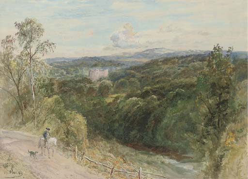 A mounted figure on a road by a river, Bardon Tower beyond 
