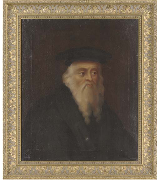 Portrait of a bearded gentleman, quarter-length, in a black coat and hat

