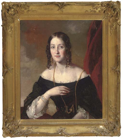 Portrait of a lady, half-length, in a black dress with white lace trim, a watch on a gold chain attached to her waist, before a red curtain
