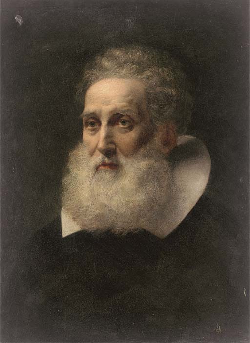 Portrait of a bearded man, bust-length, in a white collar 
