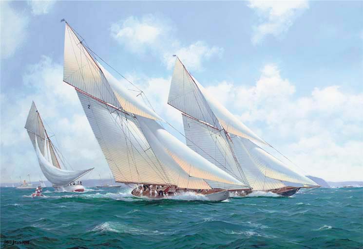 David Brackman (b.1932) , Britannia and Lulworth neck and neck on an upwind leg having rounded