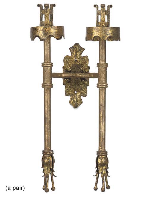 A PAIR OF GILT IRON TWIN-LIGHT WALL APPLIQUES A PAIR OF GILT IRON TWIN-LIGHT WALL APPLIQUES 