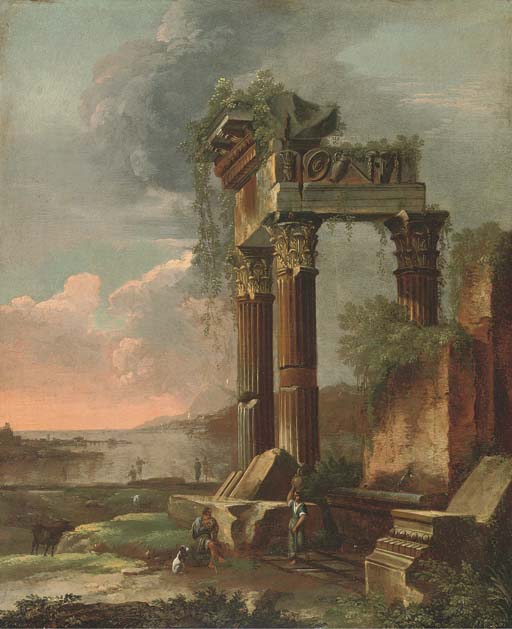 A capriccio of classical ruins with figures in the foreground
