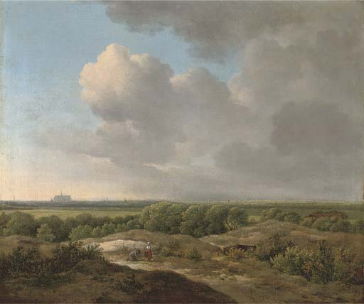 An extensive landscape with children picking fruit, a view of Haarlem and the Church of St. Bavo beyond
