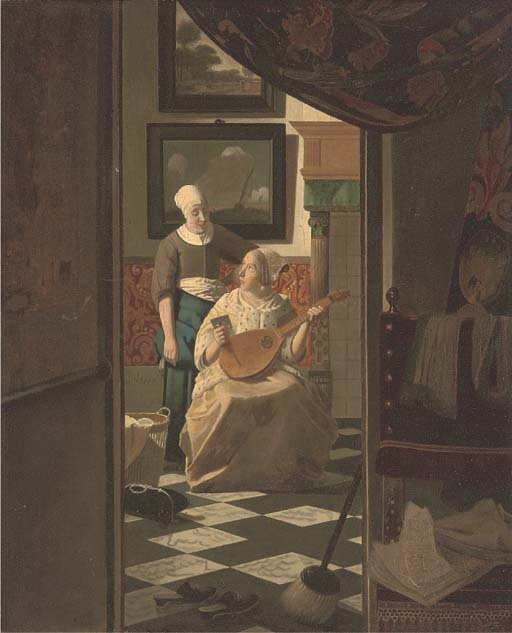 An elegant lady seated in an interior receiving a letter 
