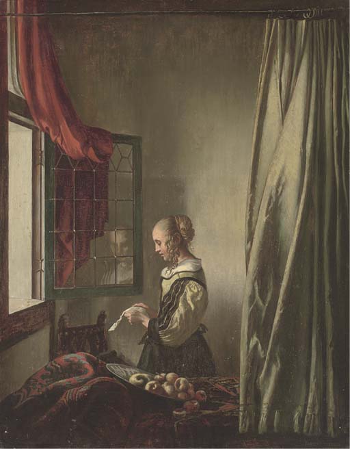 Girl reading a letter at an open window 
