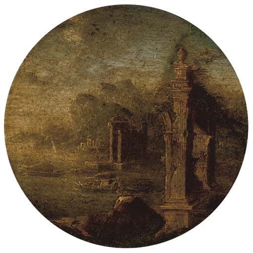 A coastal landscape with  classical ruins and ships beyond 
