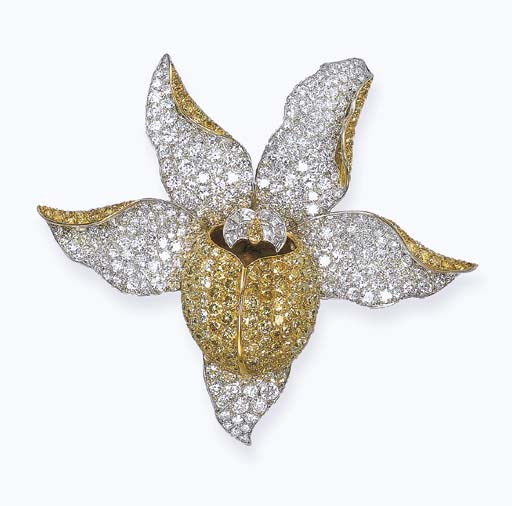 A coloured diamond and diamond &lsquo;Orchid&rsquo; brooch by Ren&eacute; Boivin. Sold for CHF186,000 on 17 May 2006 at Christie&rsquo;s in Geneva