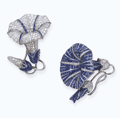A pair of Art Deco diamond and sapphire &lsquo;Convolvulus&rsquo; brooches by Ren&eacute; Boivin. Sold for CHF602,400 on 17 May 2006 at Christie&rsquo;s in Geneva