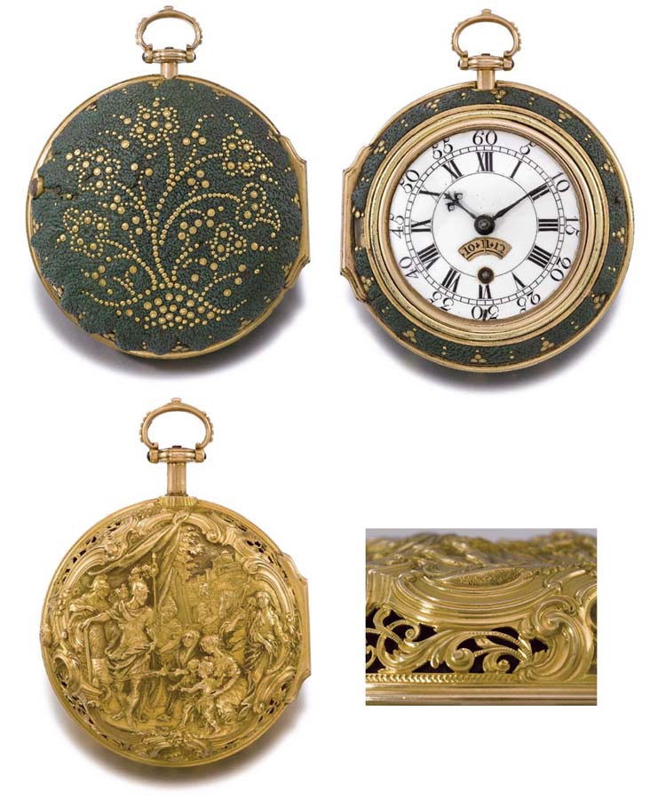 Ellicott. A very fine 18K gold repoussé two train half-quarter r