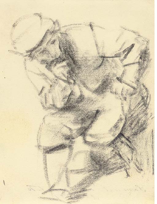 A seated man leaning forward and looking to the right 
