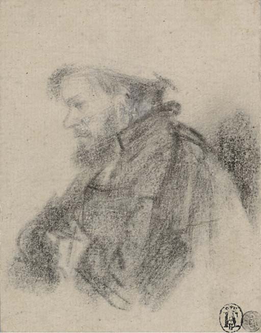 A bearded man, half-length, in profile to the left 

