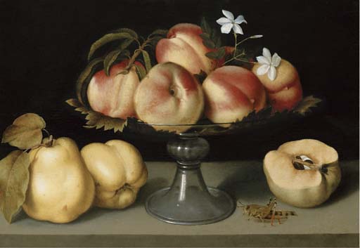 Fede Galizia (1578-1630), A glass compote with peaches, jasmine flowers, quinces and a grasshopper, circa 1600. Oil on panel. 12 x 16&frac34; in (30.5 x 42.5 cm). Sold for $1,640,000 on 6 April 2006 at Christie&rsquo;s in New York
