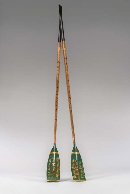 A pair of 19th century English rowing oars with decorated blades