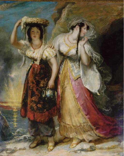 Women walking along the shore by a cave 
