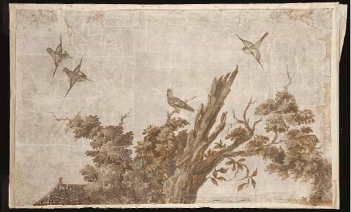 A LARGE FRAGMENT OF HAND PAINTED CHINOISERIE WALLPAPER,
