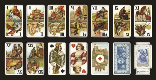Grand Etteilla I Tarot, circa 1850s?, Germany, card maker unknown, 20 of 78  cards (includes Major Arcana 1-5, 7, 9-17, 24, 36, 48, 68 and Folly),  hand-colored copper engravings. Cards are full