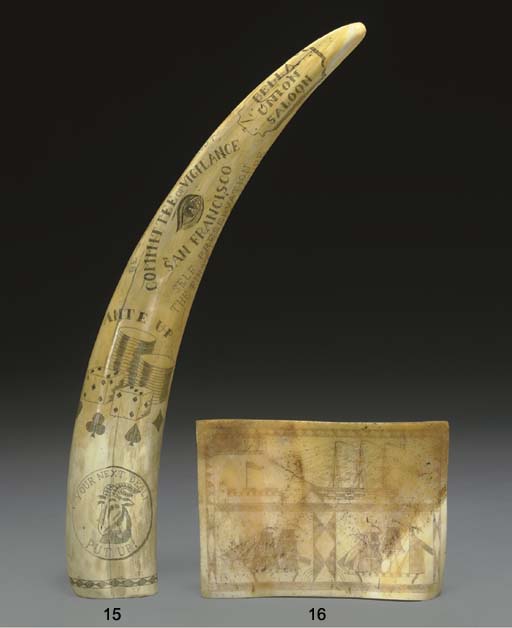 A scrimshaw walrus tusk engraved with the "Bella Union Saloon" and