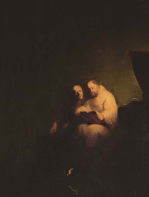 Monks reading in a chapel interior 
