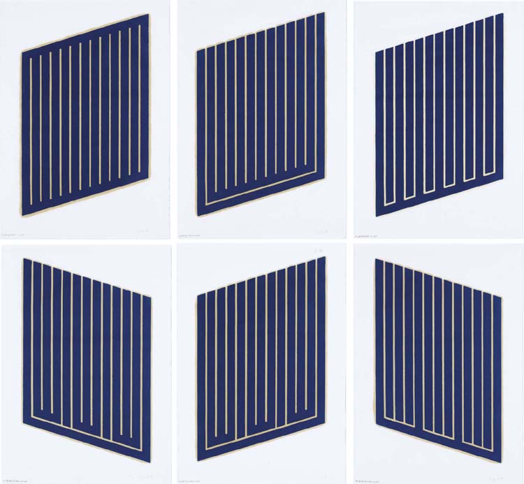 Donald Judd, Untitled: Six Plates (Schellmann 66-71), 1961-63. Six woodcuts in cerulean blue on cartridge paper. Each sheet: 30&frac12; x 22 in (775 x 560 mm). Sold for $102,000 on 31 October-1 November 2006 at Christie&rsquo;s in New York. Artwork: © Judd Foundation/ARS, NY and DACS, London 2020