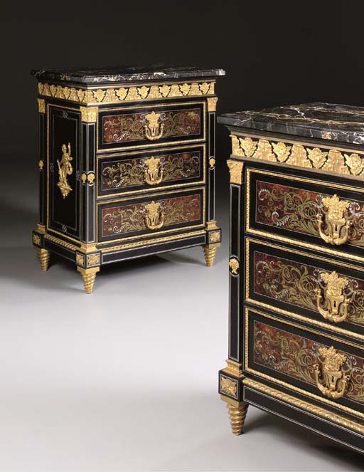 A PAIR OF FRENCH ORMOLU-MOUNTED TORTOISESHELL, BRASS AND PEWTER