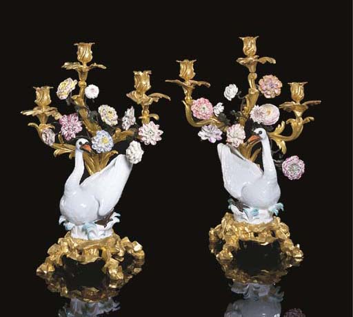 A PAIR OF FRENCH ORMOLU AND TOLE-MOUNTED MEISSEN AND FRENCH PORC