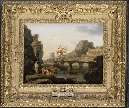 A classical river landscape with peasants and fishermen 
