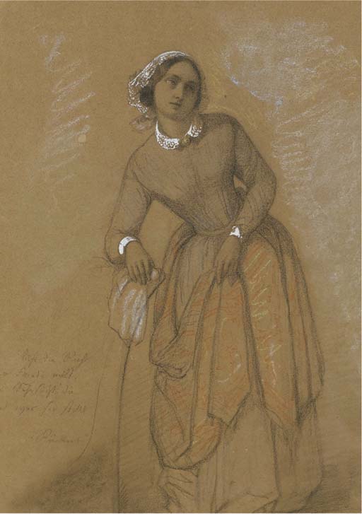 Jeune femme accoudée à un fauteuil 
