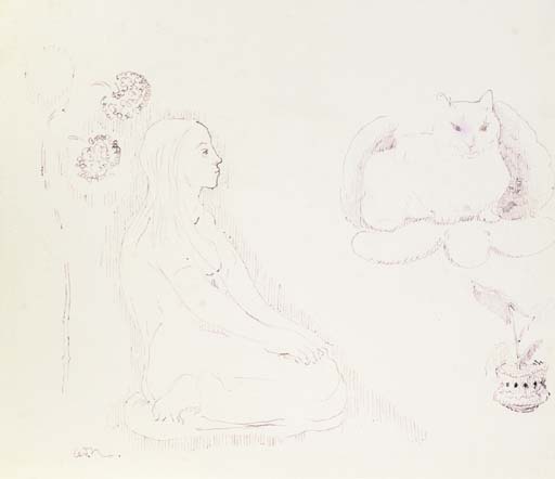 Jeune fille avec chat et fleurs 
