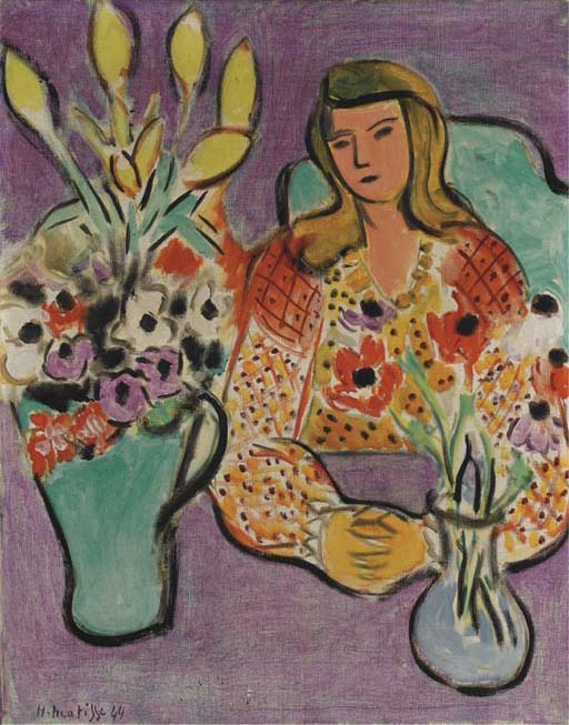 Jeune fille aux anémones sur fond violet 
