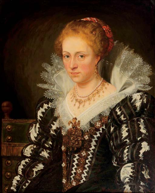 Portrait of Jacqueline of Caestre, half-length, in a black and white embroidered dress with a lace collar, seated in a green chair
