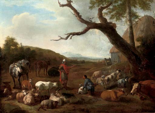 An Italianate wooded landscape with the departure of Jacob and Laban 
