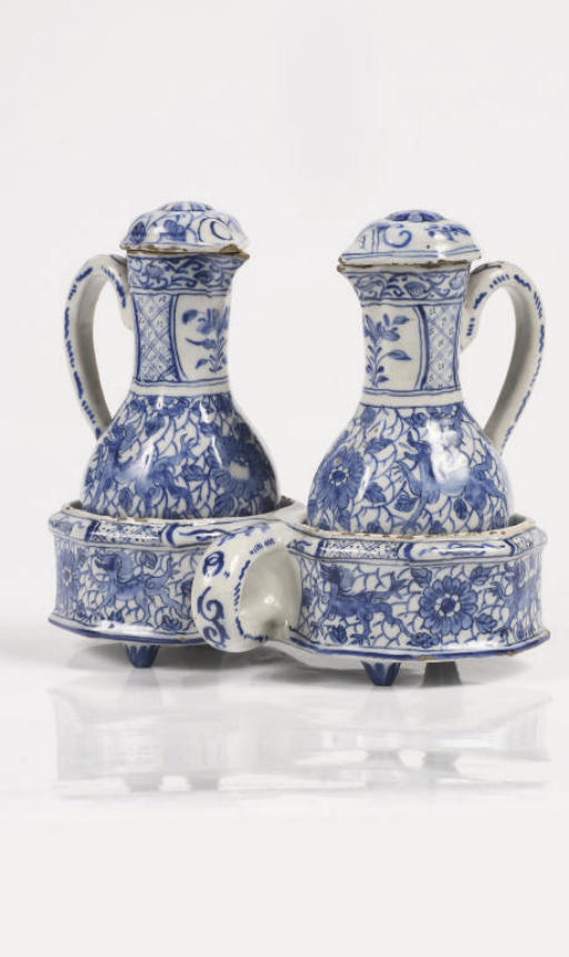 A Dutch Delft blue and white chinoiserie cruet set , 17071725, MARKED