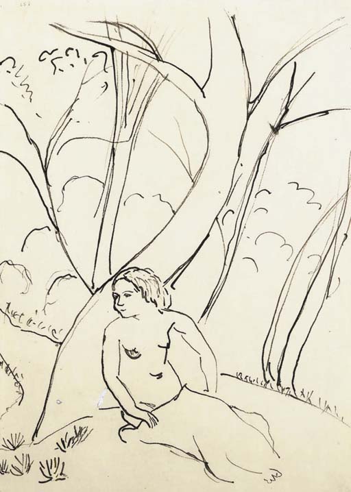 Femme nue assise au pied d'un arbre 
