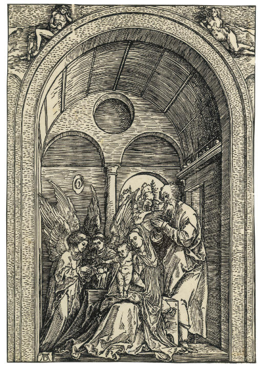 The Holy Family with two Angels in a vaulted Hall (B. 100; M., Holl. 213; S.M.S. 132)
