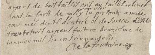 La Fontaine Jean De 1621 1695 Autograph Document Signed De La Fontaine A Receipt For Claude