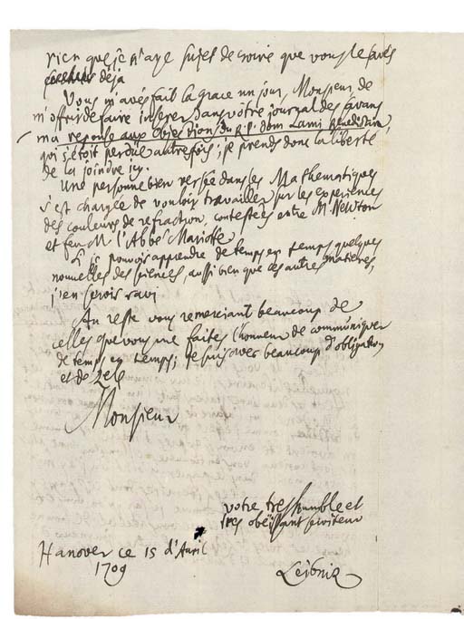 LEIBNIZ, Gottfried Wilhelm von (1646-1716). Autograph letter