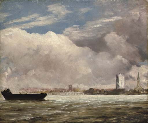 View on the Thames near Battersea Bridge, with Chelsea beyond, London 
