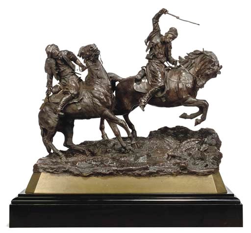 A RUSSIAN EQUESTRIAN BRONZE GROUP OF TWO COSSACK HORSEMEN