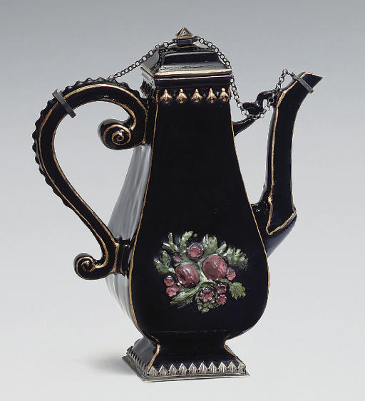 A B&ouml;ttger black glazed red stoneware silver-mounted baluster coffee-pot and cover, circa 1715. Sold for &pound;120,500 on 11 December 2007 at Christie&rsquo;s in London