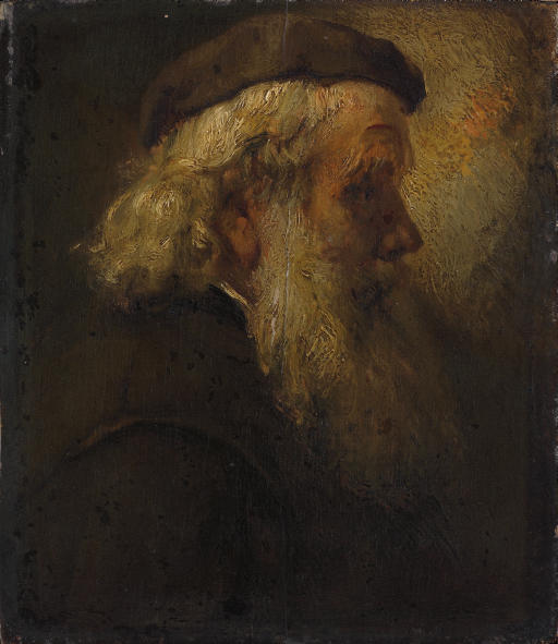 A bearded man, bust-length, in profile, in a cap 
