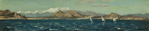 The Gulf of Rosas with Cape Entrada on the left and Cape Begin on the right, the Pyrenees in the distance
