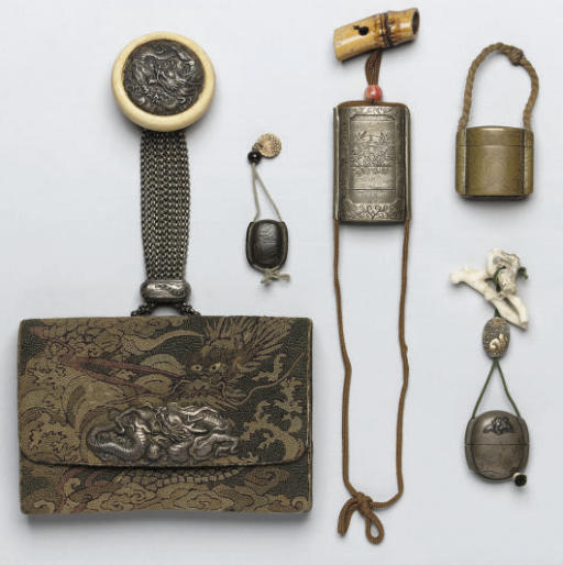antique japanese tobacco pouch One Japanese tobacco pouch and four metal inro, late 19th Century