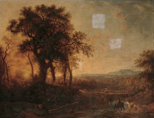 River landscape with a traveller watering his horse and figures crossing a bridge in the foreground, a mountain range beyond
