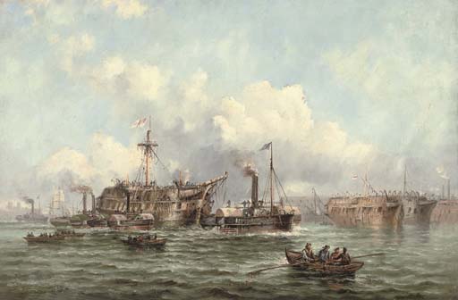 H.M.S. Eurydice, 26-guns, being towed into Portsmouth harbour after salvage from capsizing off Ventnor, Isle of Wight, in 1878
