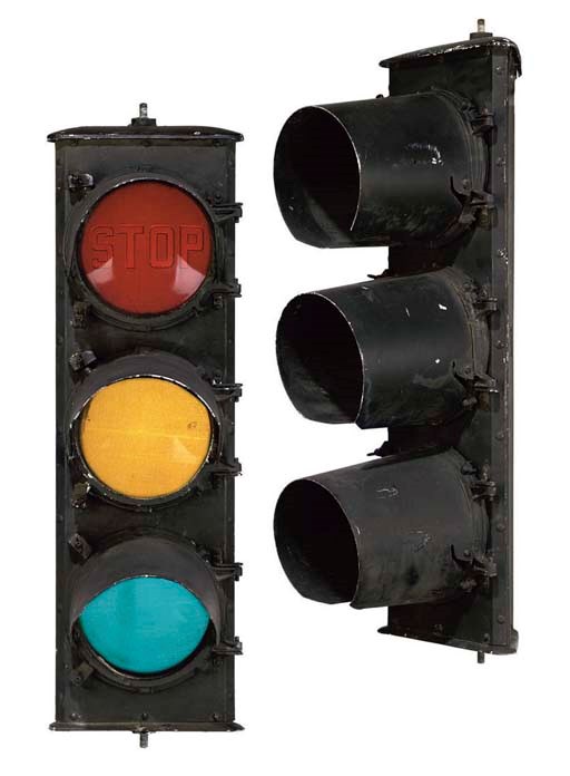 TWO BRITISH BLACK PAINTED ALUMINIUM TRAFFIC LIGHTS , MID 20TH CENTURY