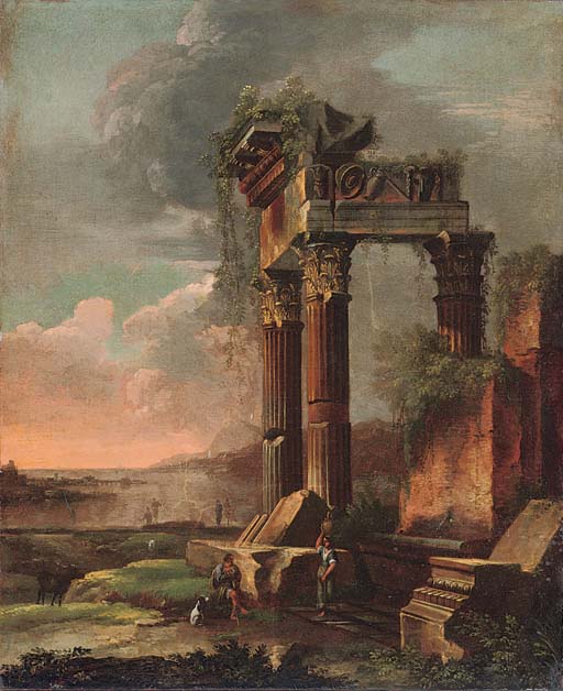 A capriccio of classical ruins with figures in the foreground 
