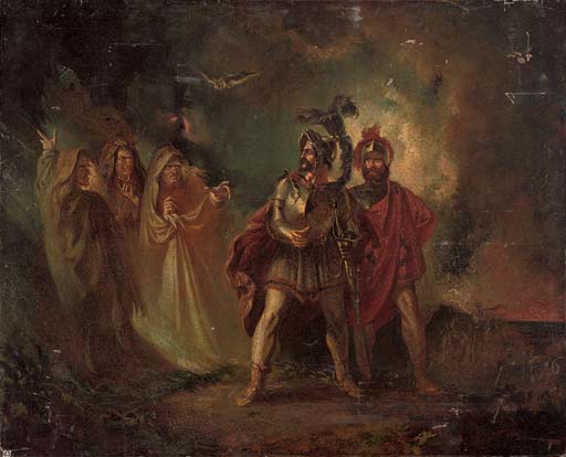 Macbeth and Banquo with the three witches 
