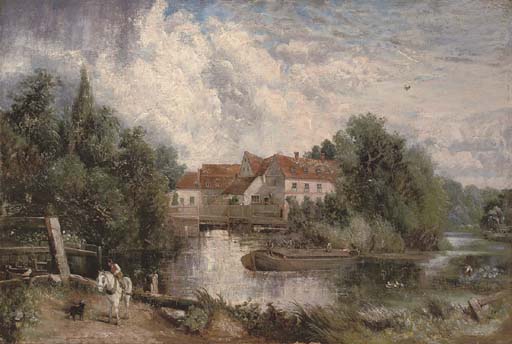 Flatford Mill with a figure on a white horse in the foreground 
